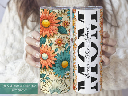 Personalized Retro Flower Tumbler - Custom Mom Gift with Kids' Names