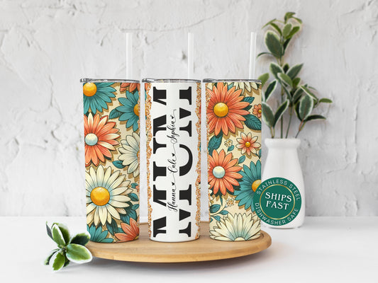Personalized Retro Flower Tumbler - Custom Mum Gift with Kids' Names for Mothers Day