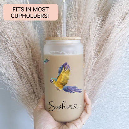 Personalized Parrot Glass Tumbler - Custom Frosted Cup for Coffee Lovers