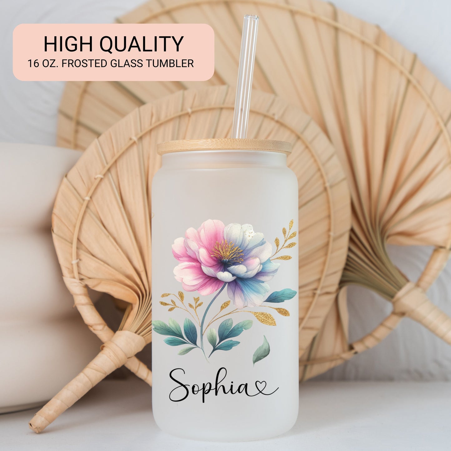 Custom Pastel Floral Frosted Glass Cup - Stylish Iced Coffee Tumbler