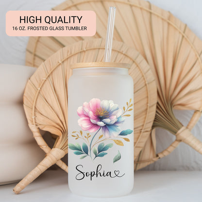 Custom Pastel Floral Frosted Glass Cup - Stylish Iced Coffee Tumbler