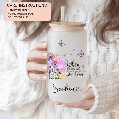 Personalized Butterfly Glass Tumbler - Custom Frosted Coffee Cup with Dandelion Design
