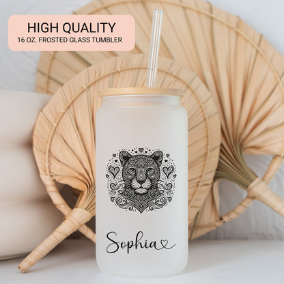 Personalized Jaguar Frosted Glass Cup - Custom Iced Coffee Tumbler for Jaguar Lovers