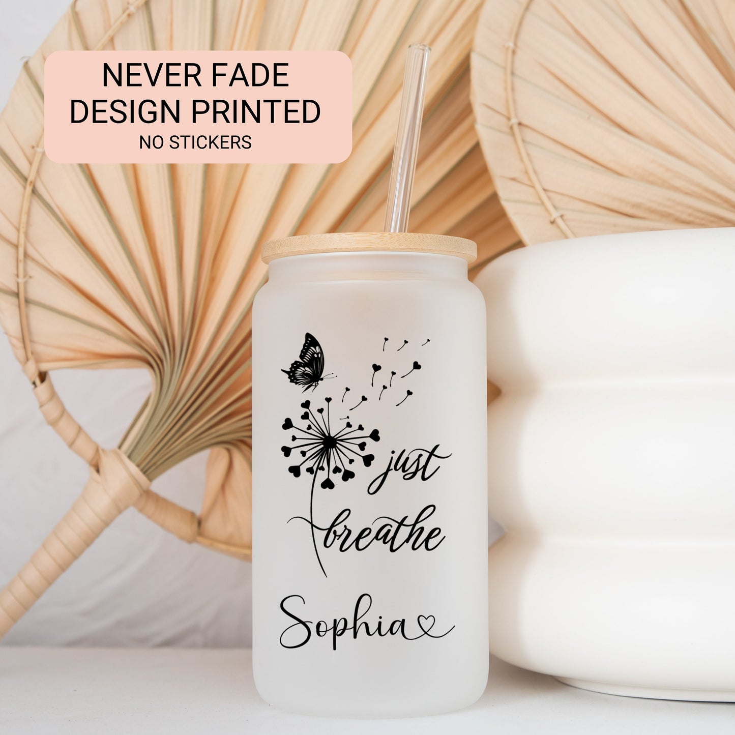 Personalized Just Breathe Frosted Glass Cup - Custom Engraved Gift Can