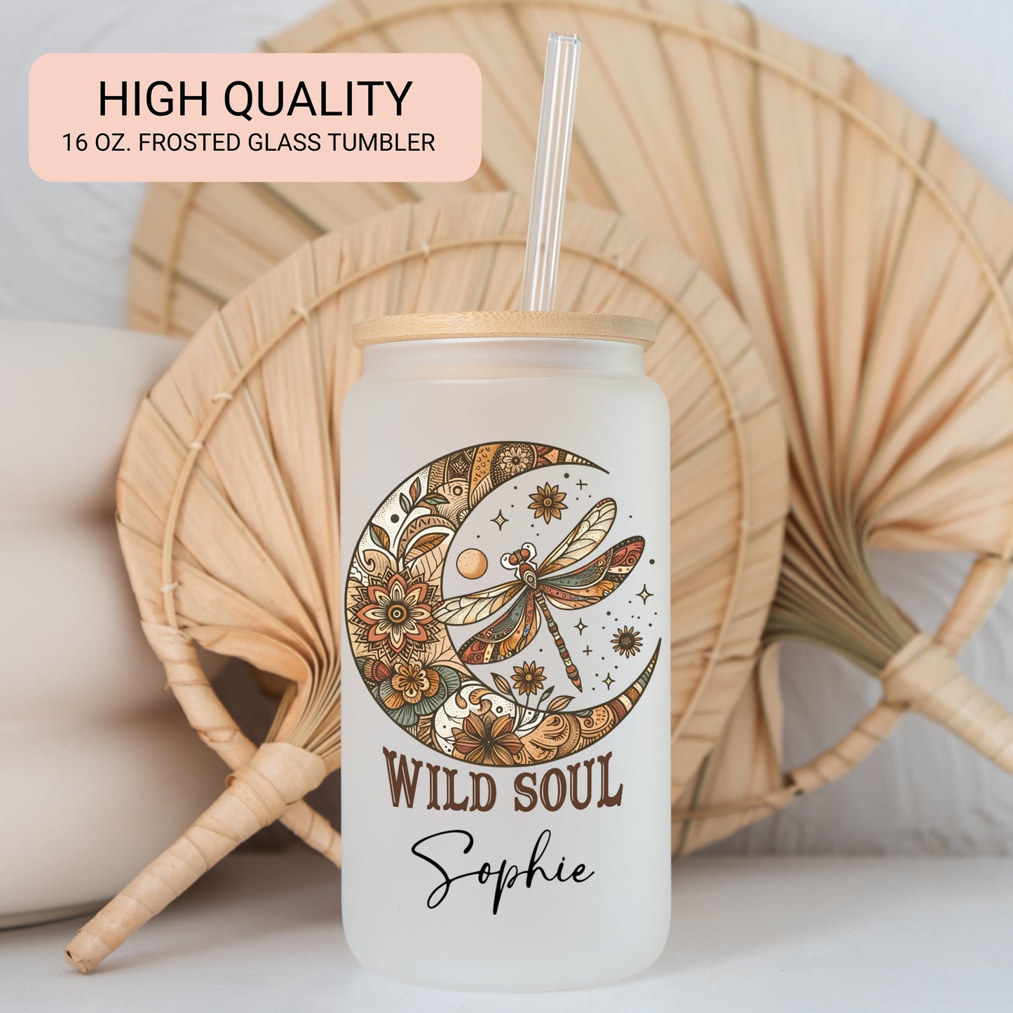 Personalized Dragonfly Glass Cup - Custom Positive Quote Frosted Design