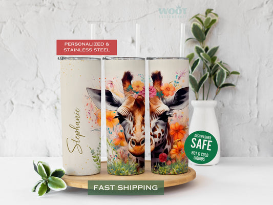 Personalized Floral Giraffe Tumbler - Cute Gift for Giraffe Lovers & Women