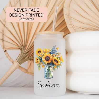 Frosted Glass Cup For Mom Glass Tumbler Sunflower