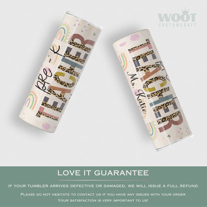 Personalized Rainbow Pre-K Teacher Tumbler - Cheetah Print Travel Gift