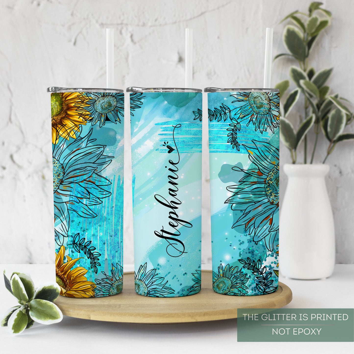 Personalized Teal Sunflower Tumbler - Custom Gift for Women