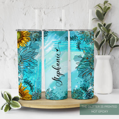 Personalized Teal Sunflower Tumbler - Custom Gift for Women
