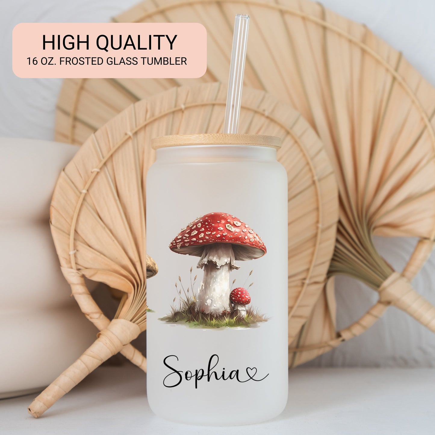 Personalized Retro Mushroom Frosted Glass Cup - Custom Tumbler for Iced Drinks