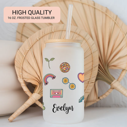 Personalized Retro Flower Glass Cup - Custom Frosted Iced Coffee Tumbler