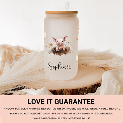 Personalized Pig Frosted Glass Cup - Custom Iced Coffee Tumbler for Pig Lovers