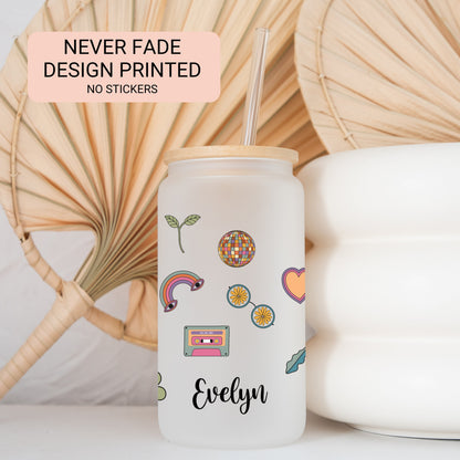 Personalized Retro Flower Glass Cup - Custom Frosted Iced Coffee Tumbler