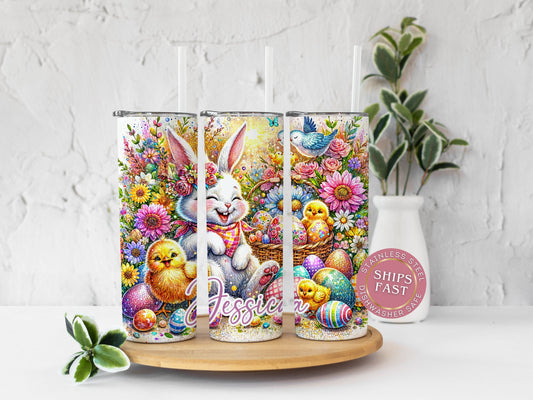 Personalized Glitter Easter Bunny Tumbler - Custom Floral Egg Design with Flowers and Chicks