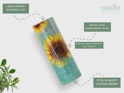 Personalized Teal Sunflower Tumbler - Gift for Her or Sunflower Lovers