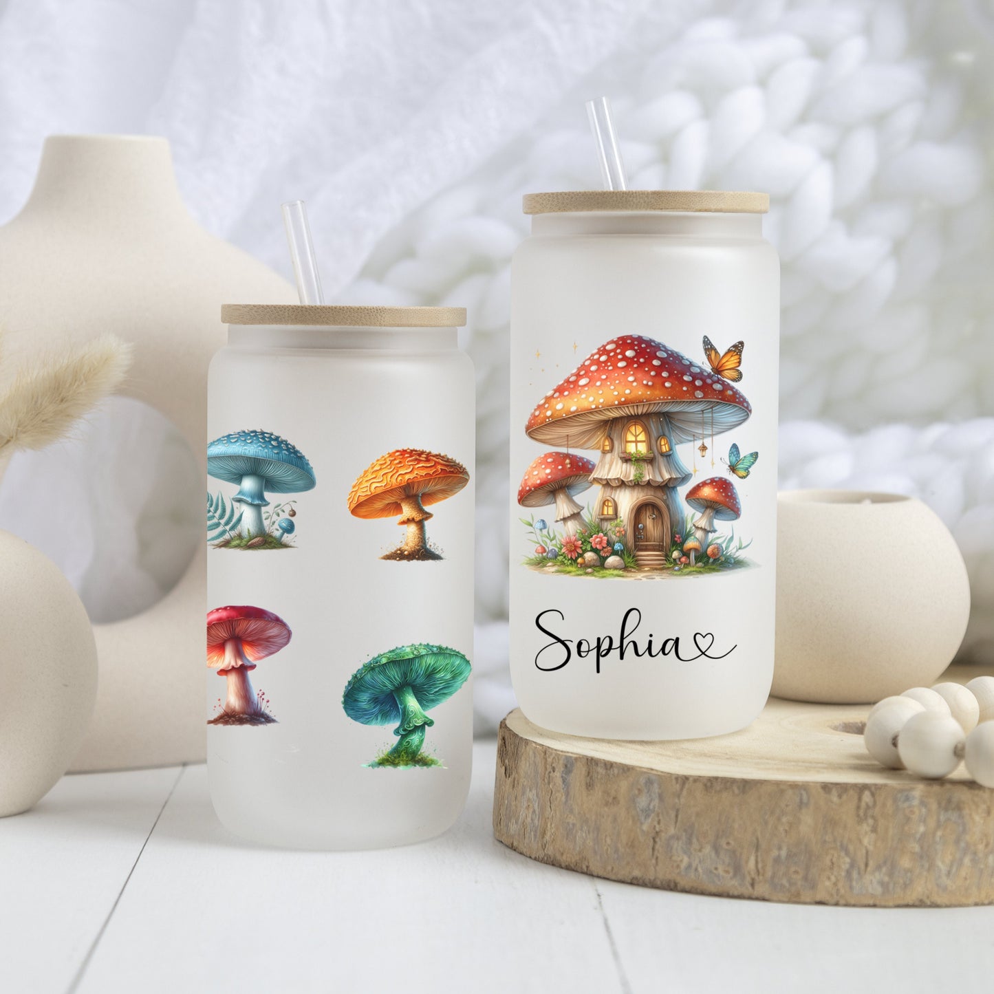 Personalized Mushroom Frosted Glass Cup - Custom Iced Coffee Tumbler