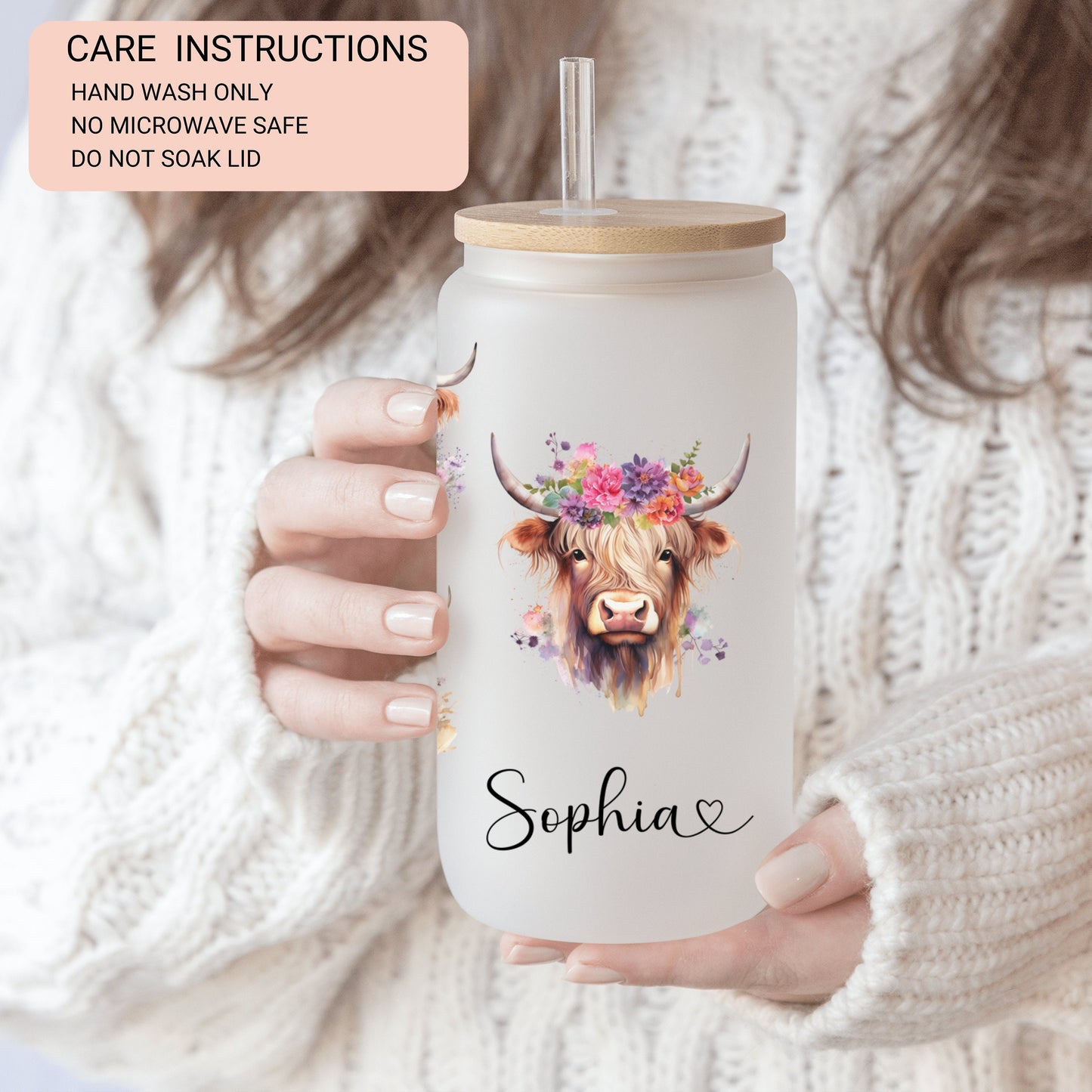 Personalized Highland Cow Frosted Glass Tumbler - Custom Iced Coffee Cup for Cow Lovers