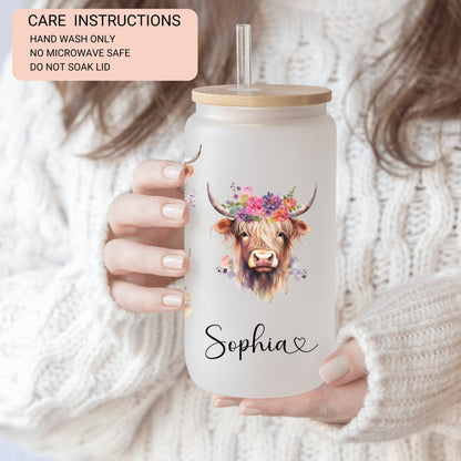 Personalized Highland Cow Frosted Glass Tumbler - Custom Iced Coffee Cup for Cow Lovers