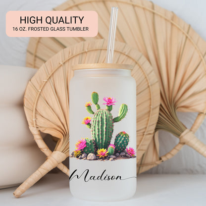 Personalized Cactus Frosted Glass Cup - Custom Tumbler for Iced Coffee Lovers