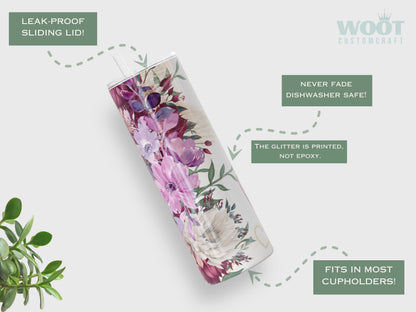 Purple Floral Tumbler - Personalized Fall Gift for Her or Purple Lovers