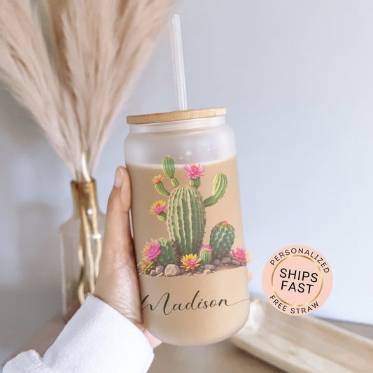 Personalized Cactus Frosted Glass Cup - Custom Tumbler for Iced Coffee Lovers