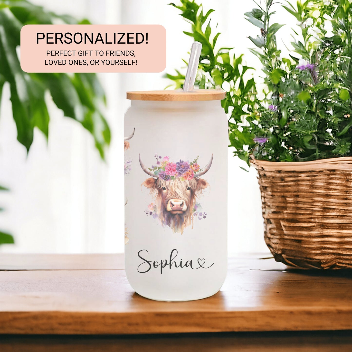 Personalized Highland Cow Frosted Glass Tumbler - Custom Iced Coffee Cup for Cow Lovers