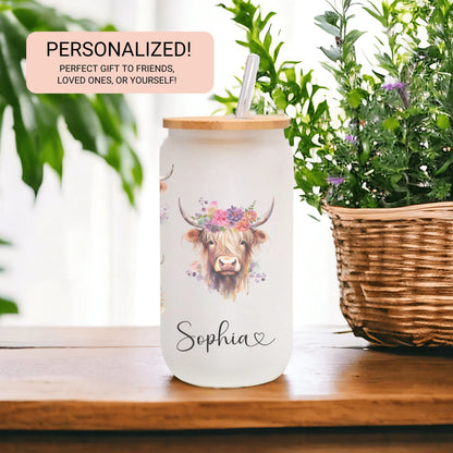 Personalized Highland Cow Frosted Glass Tumbler - Custom Iced Coffee Cup for Cow Lovers