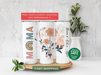 Three tumblers are showing all sides of a mama Tumbler. There is a drawing of a plant with flowers on it. The text Mama and three kids personalized names.