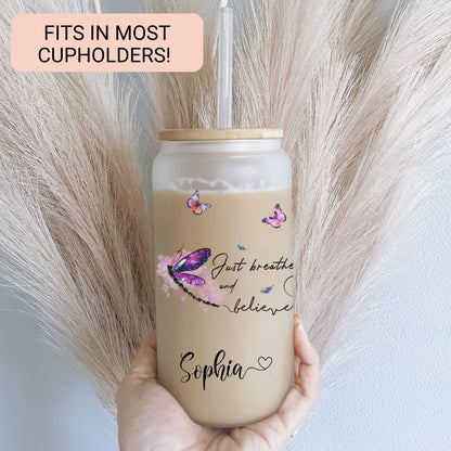 Personalized Dragonfly Frosted Tumbler - Just Breathe Iced Coffee Gift