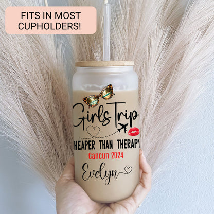 Personalized Girls Trip Frosted Glass Tumbler - Custom Iced Coffee Cup for Travel Memories