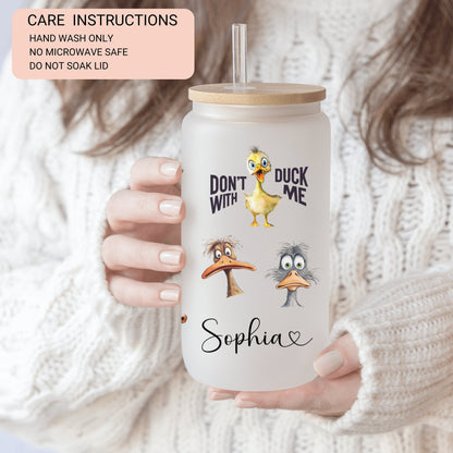 Personalized Funny Duck Frosted Glass Tumbler - Custom Iced Coffee Cup for Duck Lovers
