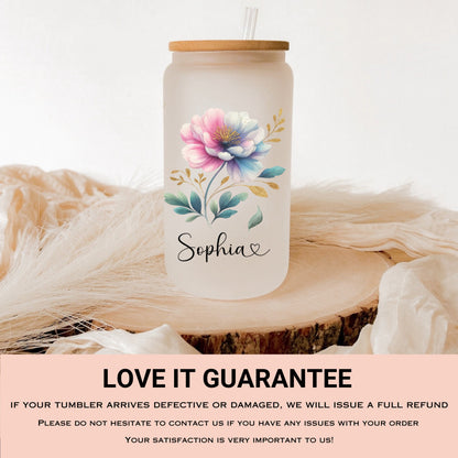 Custom Pastel Floral Frosted Glass Cup - Stylish Iced Coffee Tumbler