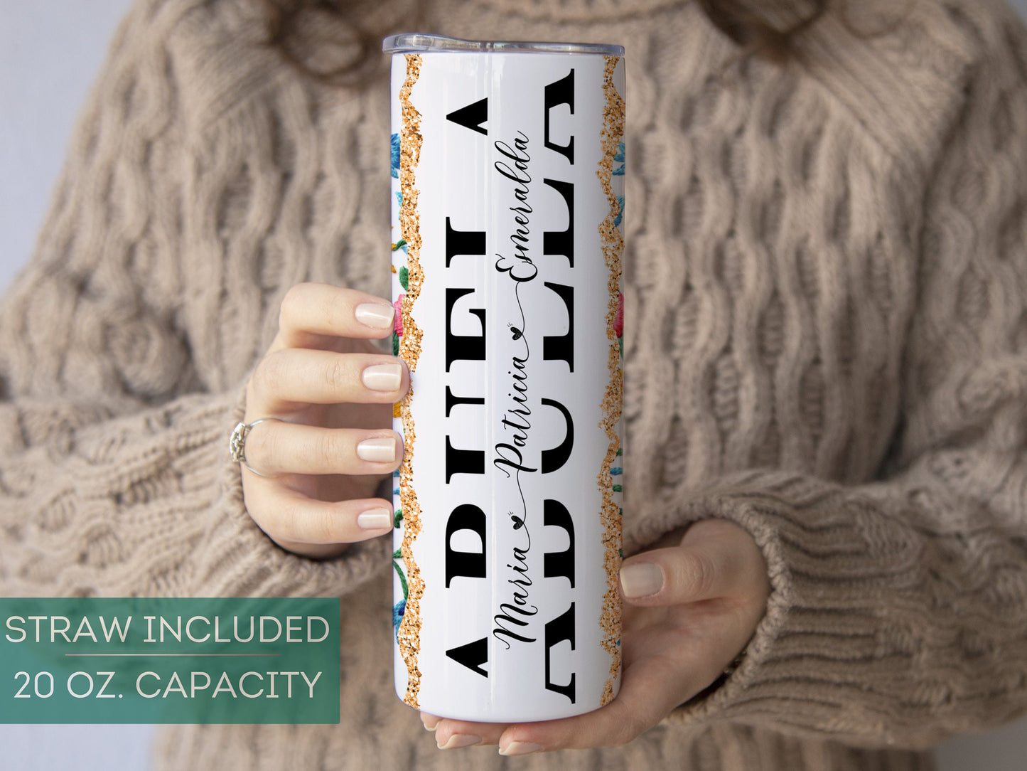 Personalized Abuela Tumbler - Custom Mexican Embroidery Travel Cup with Grandkids' Names