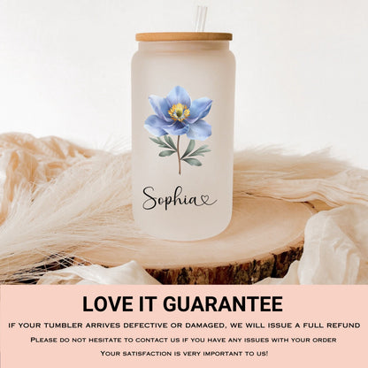 Personalized Wildflower Frosted Glass Cup - Custom Iced Coffee Tumbler
