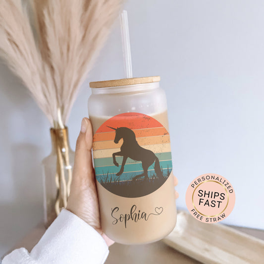 Personalized Unicorn Sunset Glass Cup - Custom Frosted Iced Coffee Tumbler