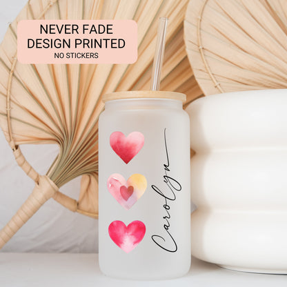 Red Heart Cup Personalized, Red Heart Glass Cup, Custom Red Heart Frosted Glass Cup, Red Heart Glass Tumbler, Red Heart Iced Coffee Cup Gift