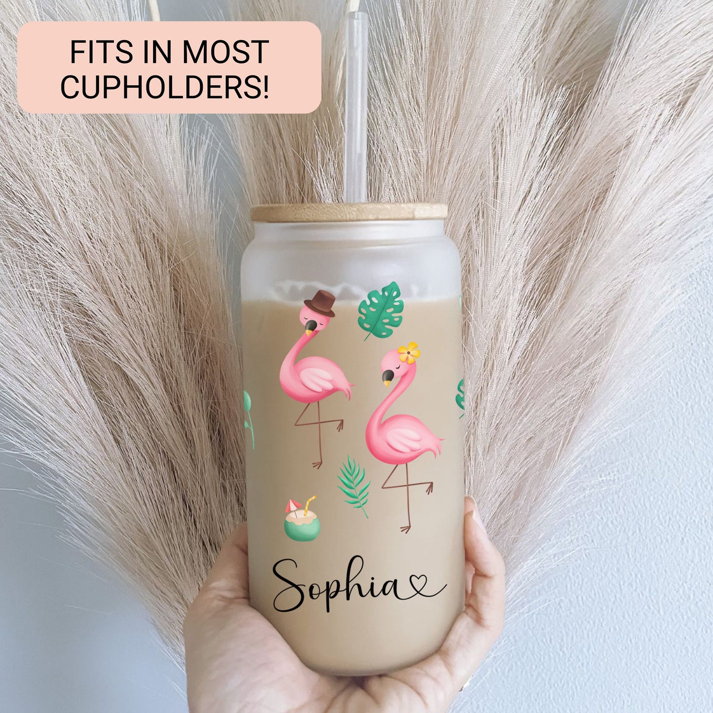 Personalized Flamingo Frosted Glass Tumbler - Custom Iced Coffee Cup