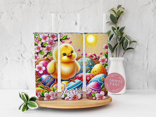 Personalized Easter Chicken Tumbler - Floral Embroidery & Spring Baby Chicks Design