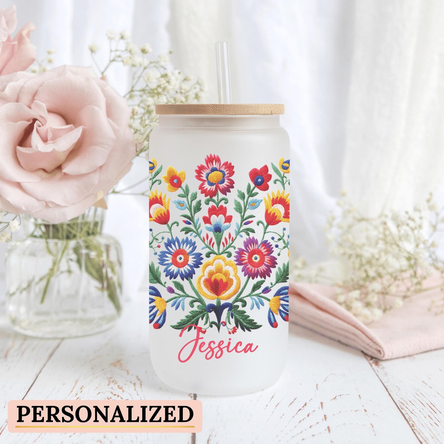 Personalized Mexican embroidery cup designed for embroidery enthusiasts ideal as a unique Latina gift cup