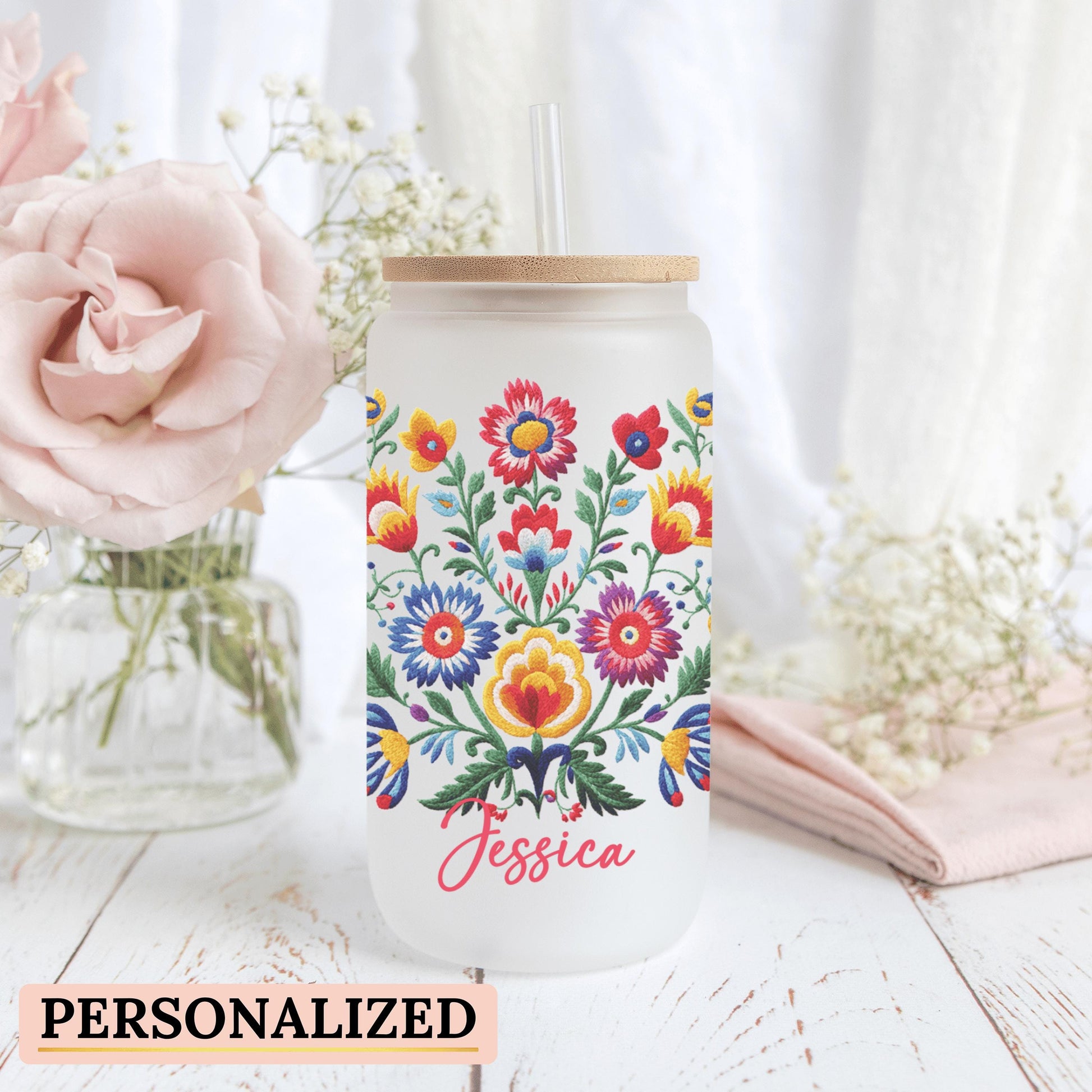 Personalized Mexican embroidery cup designed for embroidery enthusiasts ideal as a unique Latina gift cup