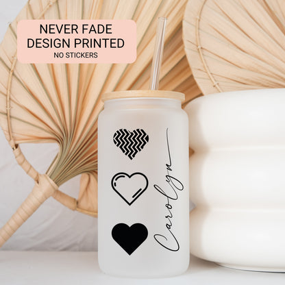 Heart Cup Personalized, B&W Heart Glass Cup, Custom Heart Frosted Glass Cup, Heart Glass Tumbler B and W, Heart Iced Coffee Cup Love Cup