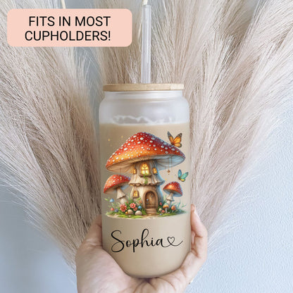Personalized Mushroom Frosted Glass Cup - Custom Iced Coffee Tumbler