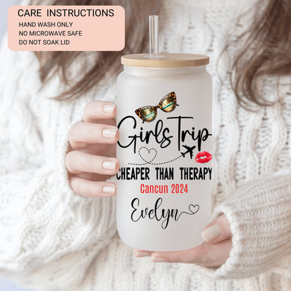 Personalized Girls Trip Frosted Glass Tumbler - Custom Iced Coffee Cup for Travel Memories