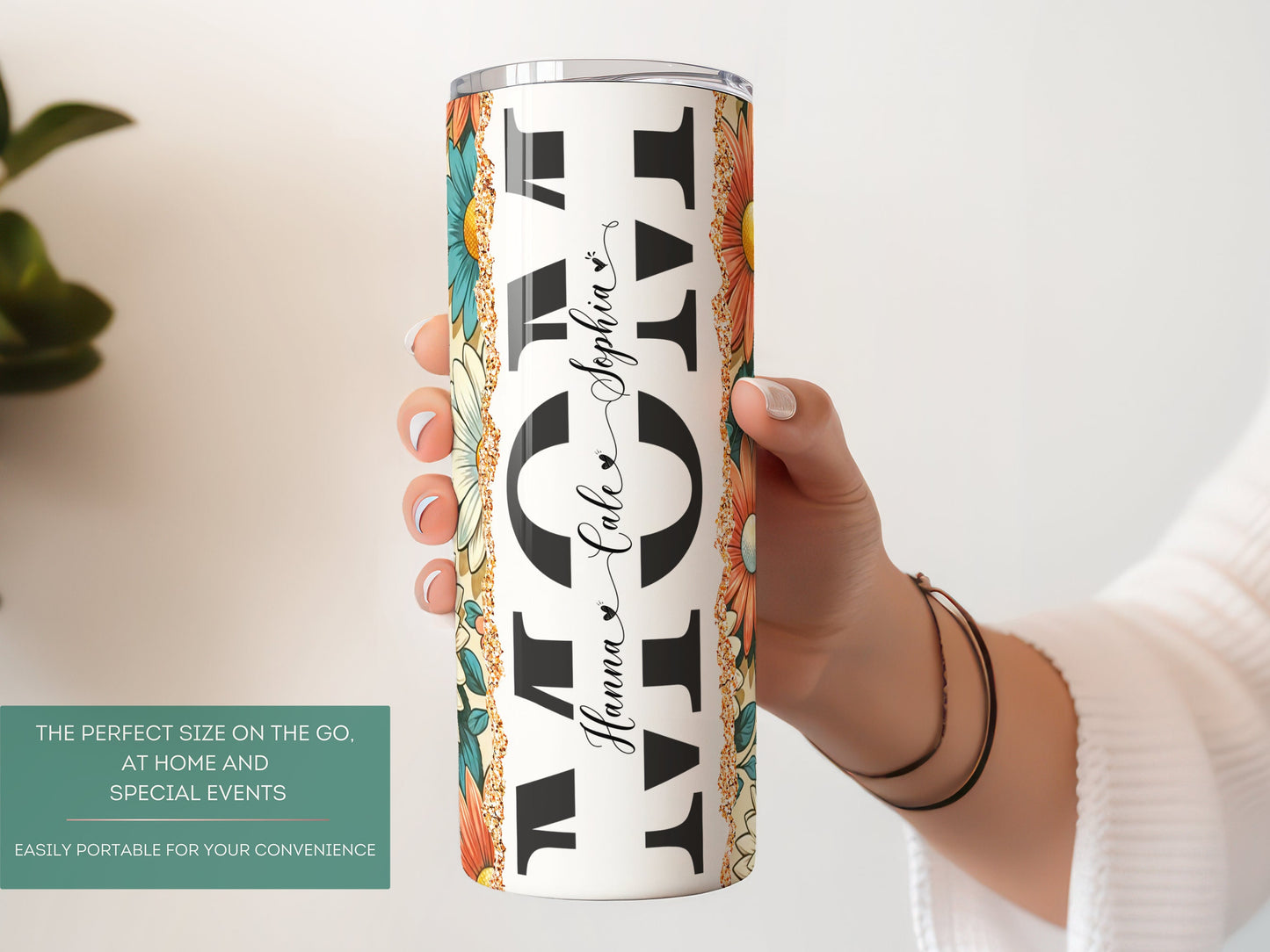 Personalized Retro Flower Tumbler - Custom Mom Gift with Kids' Names