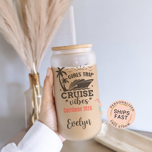 Personalized Frosted Glass Cup - Custom Cruise Tumbler for Girls Trip