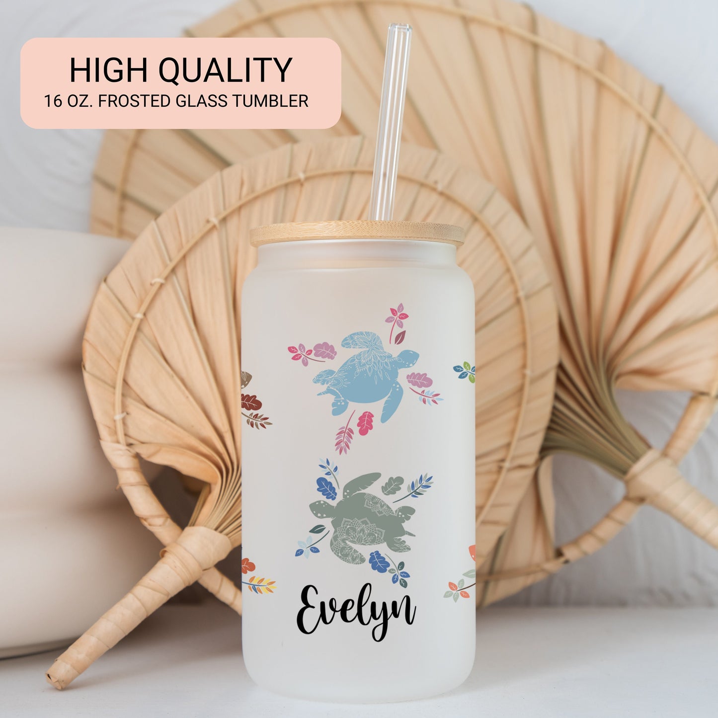Personalized Mandala Turtle Frosted Glass Cup - Tumbler Gift for Turtle Lovers
