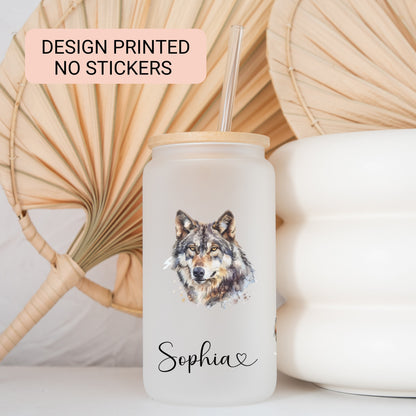 Personalized Frosted Wolf Glass Cup - Custom Iced Coffee Tumbler