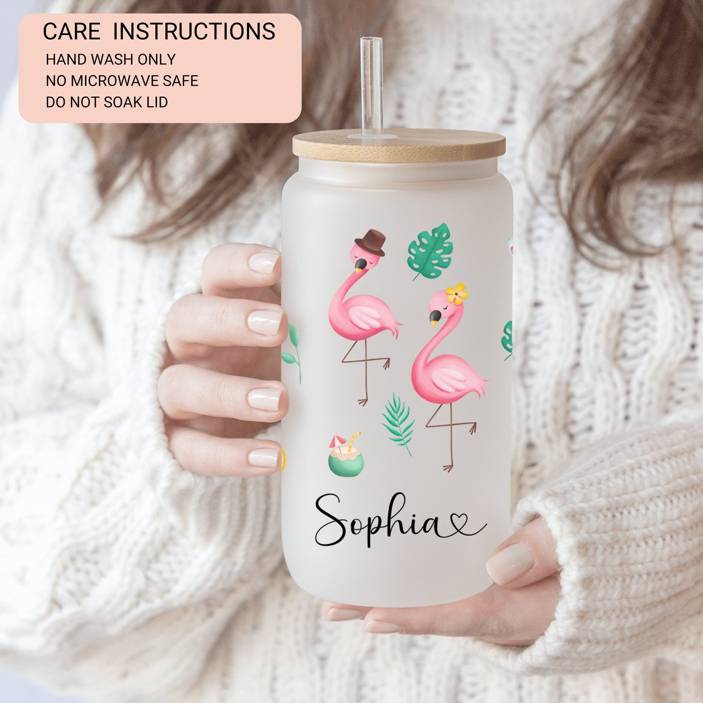 Personalized Flamingo Frosted Glass Tumbler - Custom Iced Coffee Cup