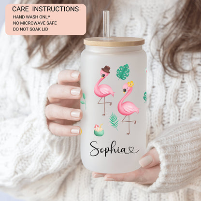 Personalized Flamingo Frosted Glass Tumbler - Custom Iced Coffee Cup